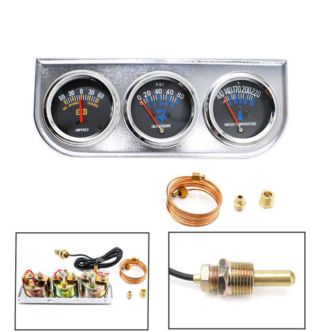 Mechanical 2'' 52mm Chrome Triple Gauge Set Water Temp Oil Pressure AMP Meter