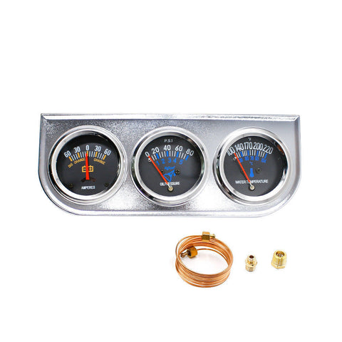 Mechanical 2'' 52mm Chrome Triple Gauge Set Water Temp Oil Pressure AMP Meter