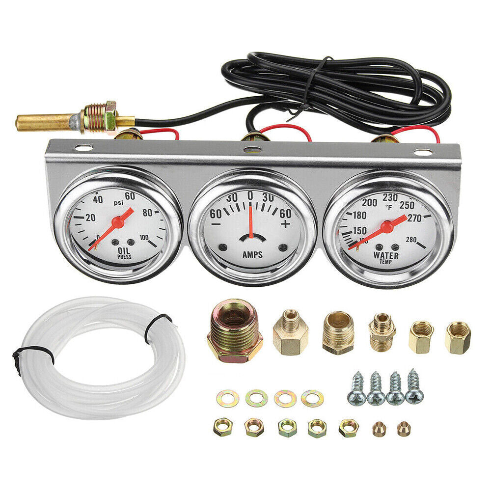 Universal 2" Triple Gauge Set Oil Pressure PSI Amps Water Temp Temperature Meter