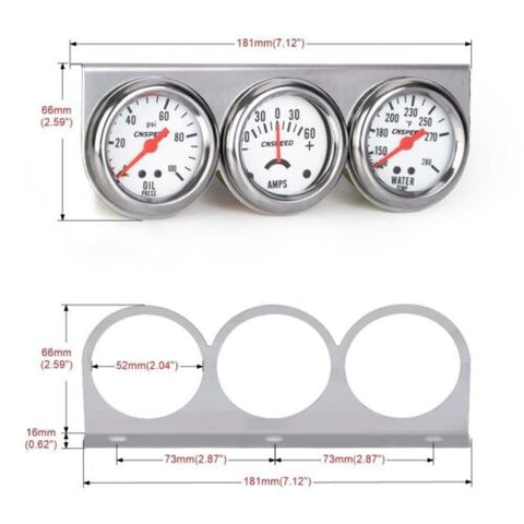 Universal 2" Triple Gauge Set Oil Pressure PSI Amps Water Temp Temperature Meter