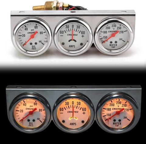 Universal 2" Triple Gauge Set Oil Pressure PSI Amps Water Temp Temperature Meter