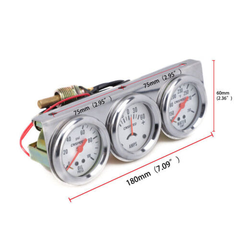 Universal 2" Triple Gauge Set Oil Pressure PSI Amps Water Temp Temperature Meter