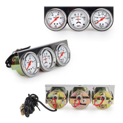 Universal 2" Triple Gauge Set Oil Pressure PSI Amps Water Temp Temperature Meter