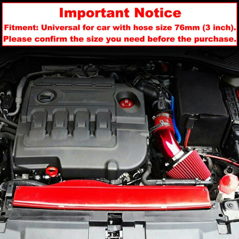 Car Cold Air Intake Filter Induction Pipe Kit Hose System Universal 3in 76mm Red