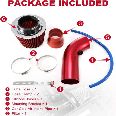 Car Cold Air Intake Filter Induction Pipe Kit Hose System Universal 3in 76mm Red