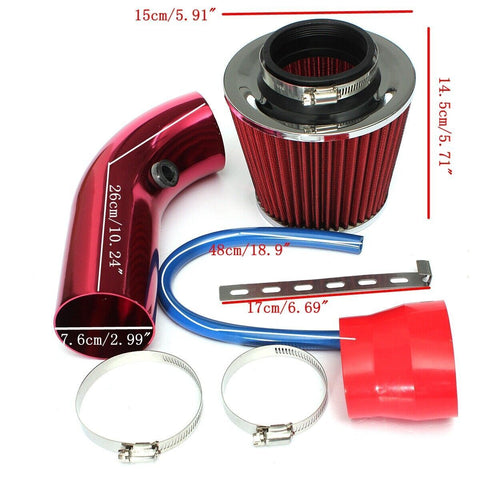 Car Cold Air Intake Filter Induction Pipe Kit Hose System Universal 3in 76mm Red