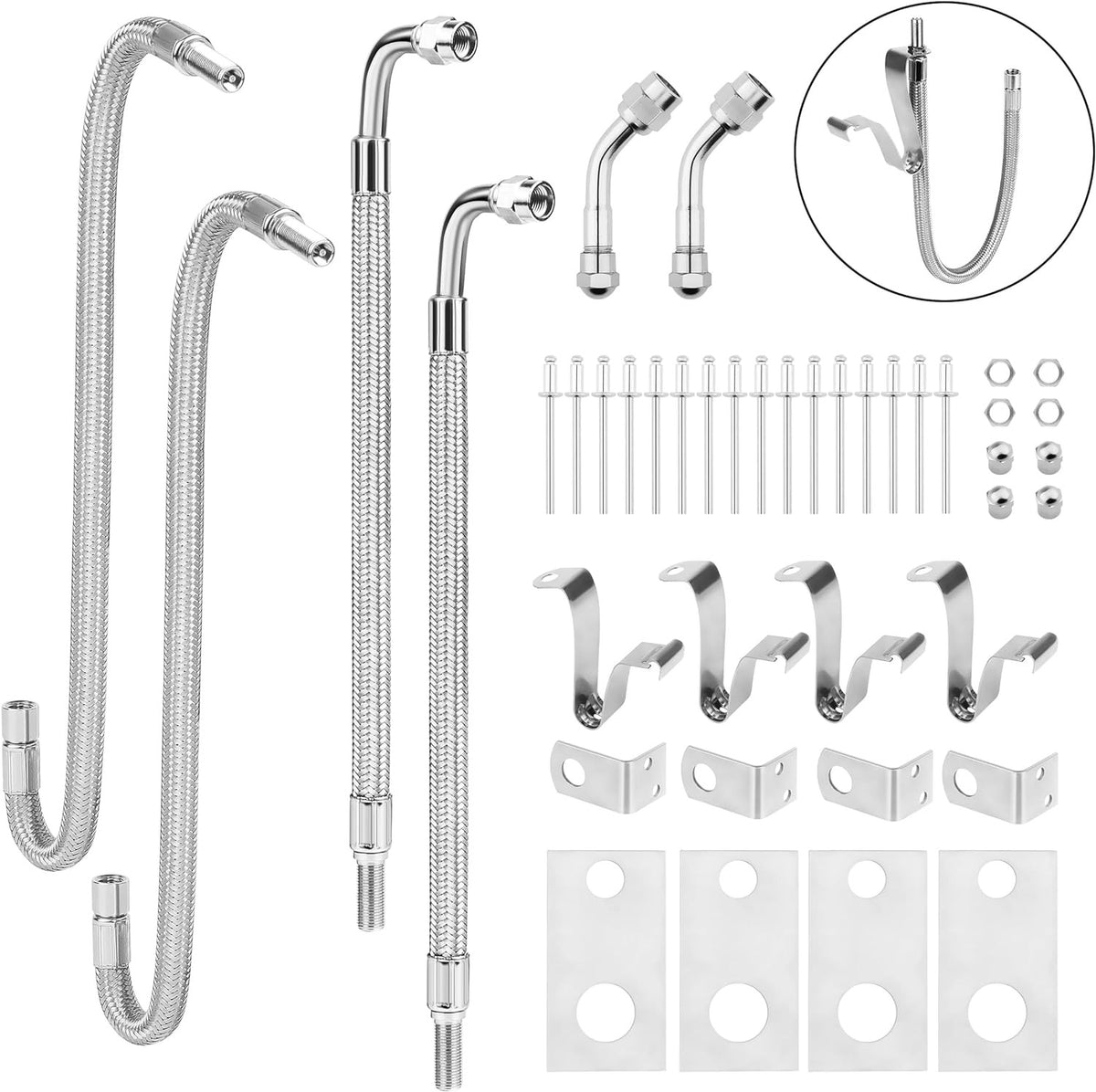 Stainless Steel Braided Dually Valve Stem Extenders Kit – Fits 16" to 19.5" Dual Wheels for Cars, Motorhomes, RVs, Trailers, and Trucks