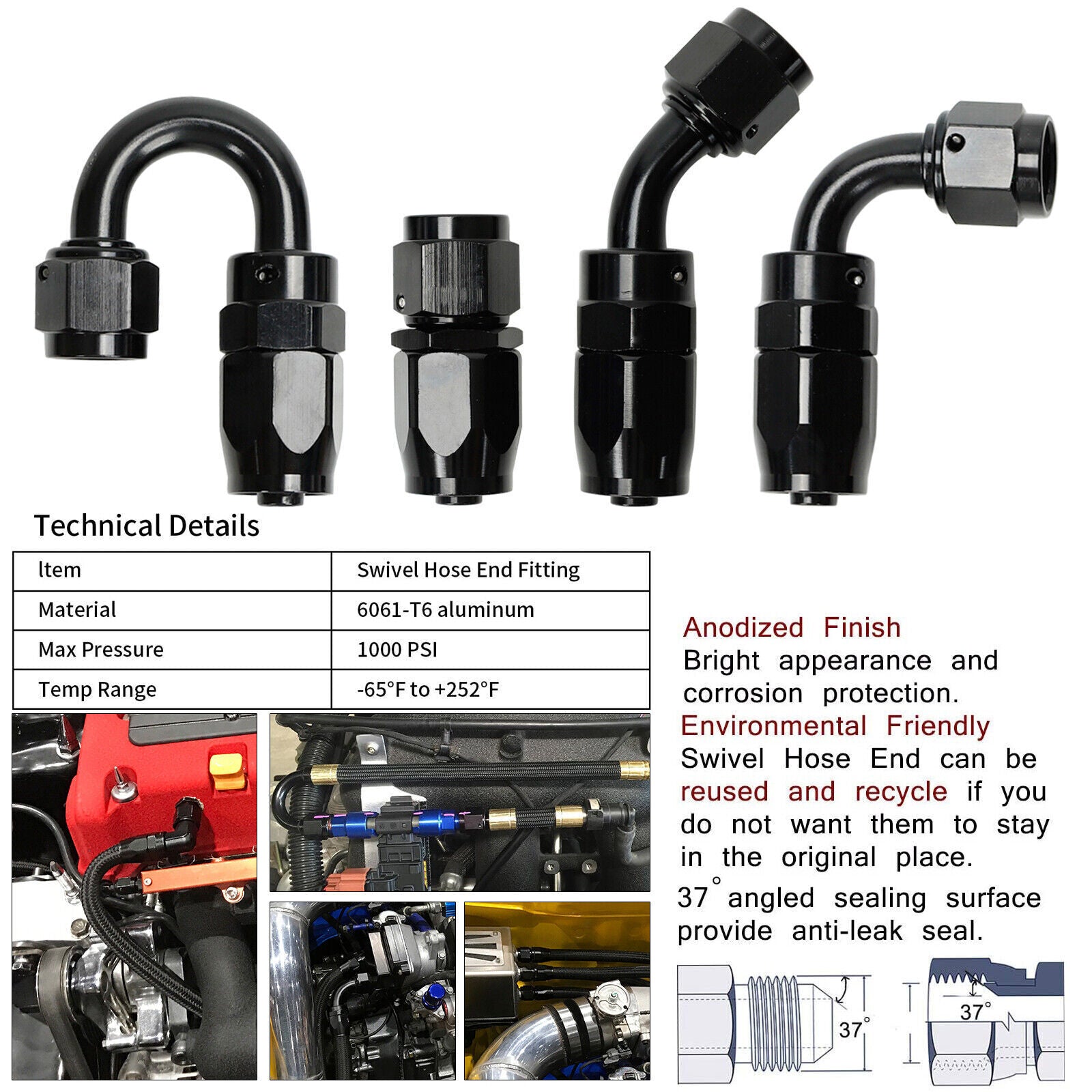 2PCS AN4/AN6/AN8/AN10/AN12 Swivel Hose End Fitting Adapter For Oil/Fuel/Gas Hose Line_6
