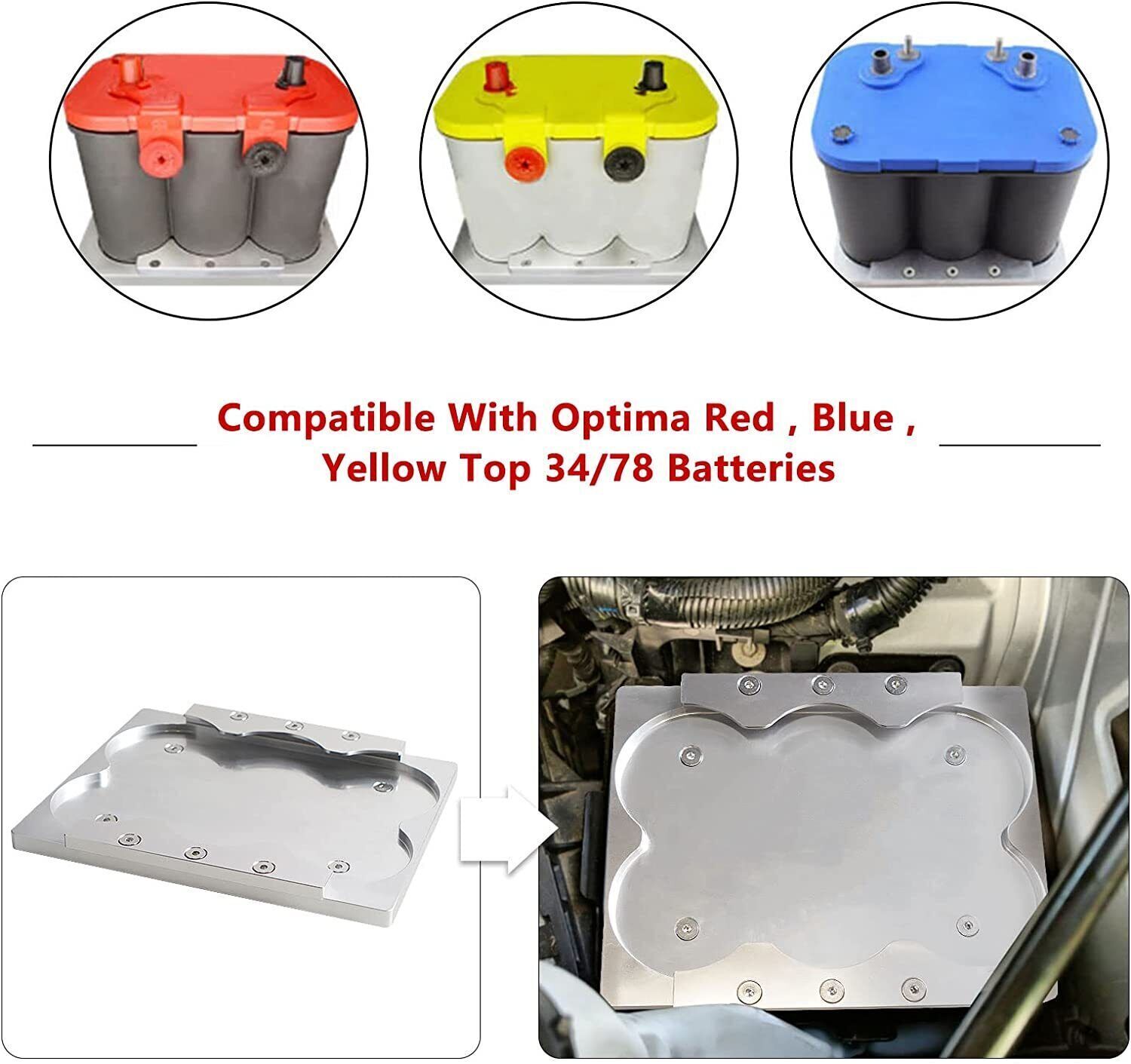 Battery Bracket Relocation Hold Down Tray Kit For Optima 34/78 Battery Aluminum