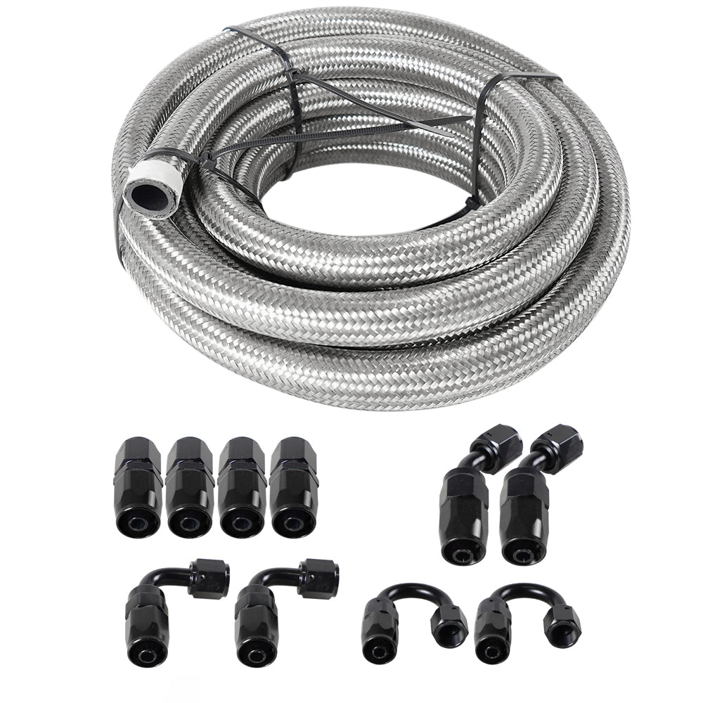 6AN 3/8 PTFE Fuel Hose 20ft Fuel Line Kit EFI LS Fuel Injection Line E85 Oil Gas Hose Fitting Kit Stainless Steel Braided