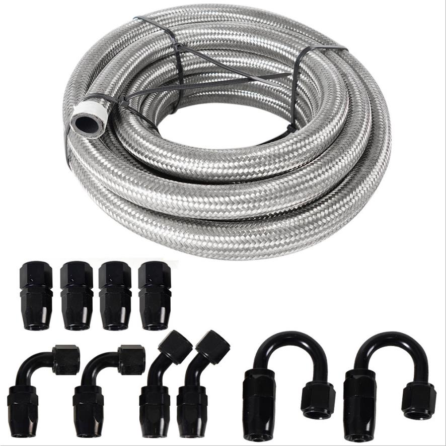 10FT 3M AN4 Nylon Stainless Steel Braided Fuel Line + 4PCS Hose End Fitting  Kit